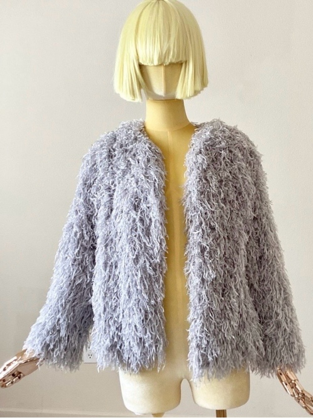 Zara Shaggy Teddy Faux Fur Jacket in Light Gray SZ S